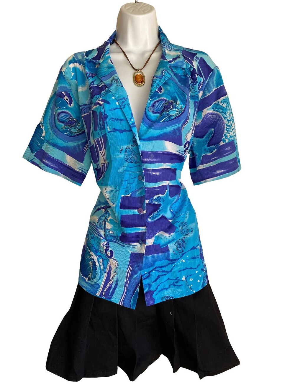 Vintage Allison Daley Plus 16P Blue Purple Abstract Print Button Up Blouse Artsy